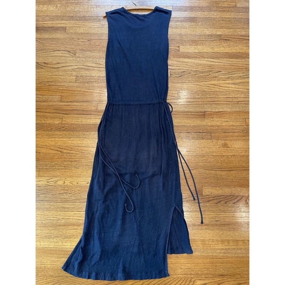 Gap 100% Linen Sleeveless Maxi Dress Size Small Petite Navy Blue Drawstring - Picture 3 of 12